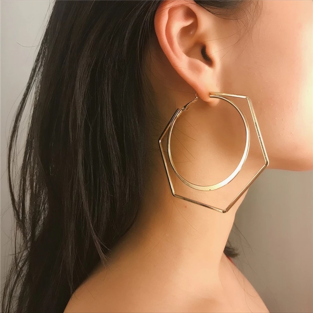 Oversized hoop geometric gold earrings big hollow circle minimalist style